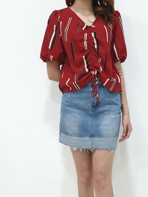 Front Pull String Sleeved Top - Red (Non-returnable) - Ferlicious