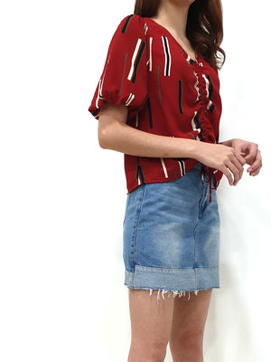 Front Pull String Sleeved Top - Red (Non-returnable) - Ferlicious