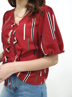 Front Pull String Sleeved Top - Red (Non-returnable) - Ferlicious