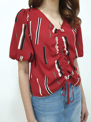 Front Pull String Sleeved Top - Red (Non-returnable) - Ferlicious