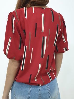 Front Pull String Sleeved Top - Red (Non-returnable) - Ferlicious