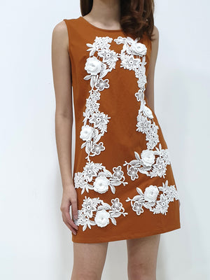 3D Flower Shift Dress - Brown (Non-returnable) - Ferlicious
