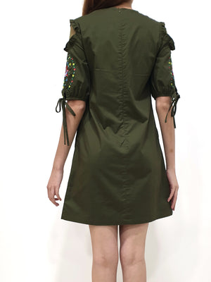 Embroidered Mesh Sleeve Shift Dress - Green (Non-returnable) - Ferlicious