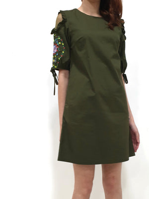 Embroidered Mesh Sleeve Shift Dress - Green (Non-returnable) - Ferlicious