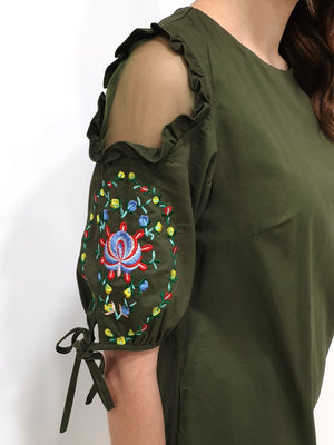 Embroidered Mesh Sleeve Shift Dress - Green (Non-returnable) - Ferlicious