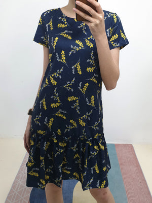Sleeved Gathered Hem Dress - Blue