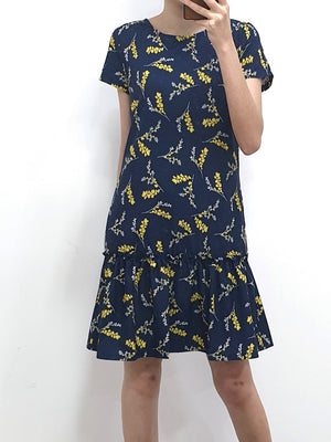 Sleeved Gathered Hem Dress - Blue