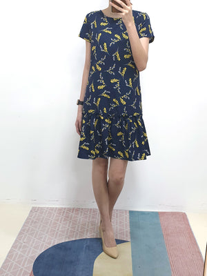 Sleeved Gathered Hem Dress - Blue